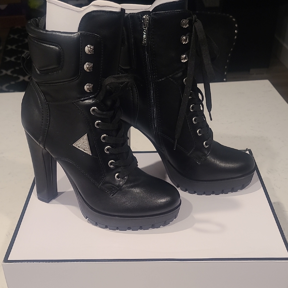 Guess Black and White Lace-Up Heeled Boots